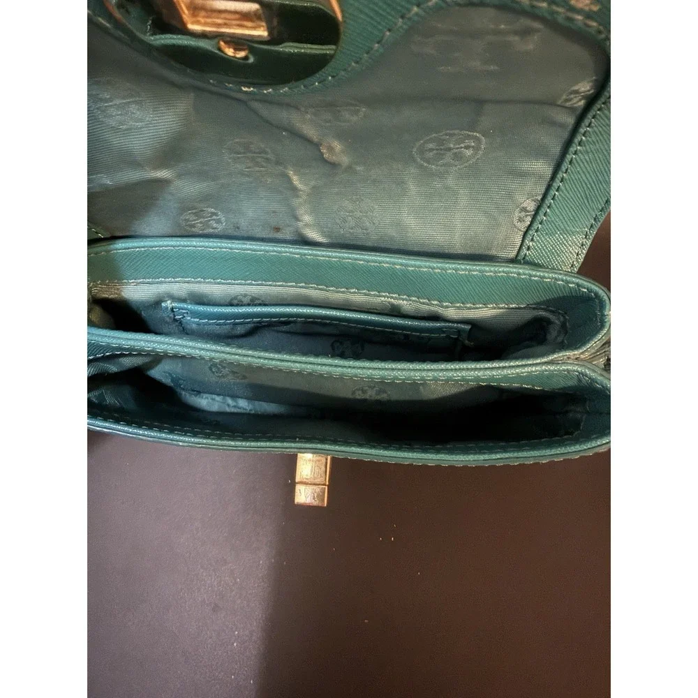 Tory Burch Robinson Turquoise Turn Lock Clutch Crossbody Bag Gold Hardware